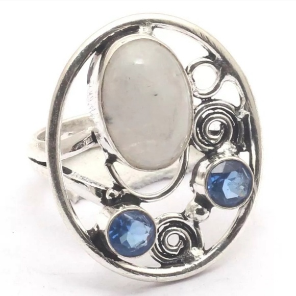 New Rainbow Moonstone & Blue Quartz Silver Ring. - Picture 1 of 1